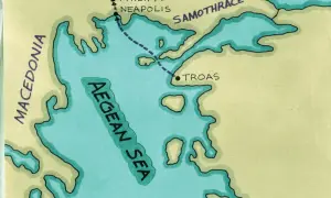 Mapa podróży Damaris przez Morze Egejskie, z Macedonii do Filipii i Troady.