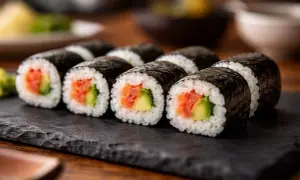 Roladki sushi z łososiem i awokado, owinięte w ciemne nori, ułożone na czarnej desce.