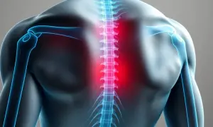 Illustration av en rygg med rödmarkerad muskelinflammation skulderblad.