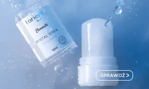 Ałun co to? Naturalny dezodorant Lorient Crystal Stick w sztyfcie, 120g, otoczony kroplami wody.