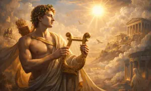 Apollo, bóg muzyki i słońca, gra na lirze wśród chmur. W tle widać greckie świątynie, nawiązujące do mitu o Apollo.