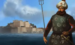 Postać z trójzębem i mieczem na tle twierdzy. Może przydać się do gry Europa Universalis 4 kody.
