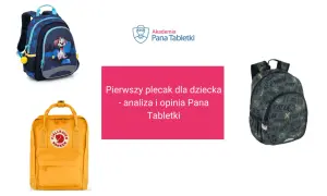 Trzy plecaki dziecięce: niebieski z pieskiem, żółty i zielony z napisami.