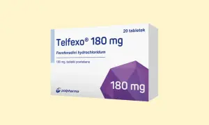 Opakowanie leku Telfexo 180 mg, zawierające 20 tabletek powlekanych z chlorowodorkiem fexofenadyny.