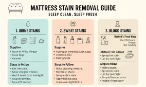 Mattress stain removal guide: what to clean mattress with for urine, sweat, and blood stains. Includes supplies like vinegar, hydrogen peroxide, and baking soda.