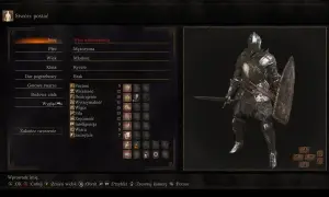 Postać w zbroi rycerza w Dark Souls 3. Ekran tworzenia postaci, gdzie można wybrać przymierza i statystyki.