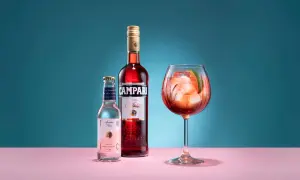 En Campari Spritz med is och lime i ett stort glas. Bredvid står en flaska Campari och en flaska tonic.