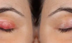 Oko z zaczerwienioną, opuchniętą powieką, sugerujące potrzebę leczenia demodex.