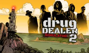 Silhouetten von Gangstern vor einem Turm und einer Insel. Der Titel "Drug Dealer Simulator 2" ist prominent platziert.