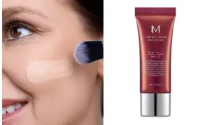 Krem BB Missha Perfect Cover przed i po aplikacji pędzlem. Efekt wygładzonej cery.