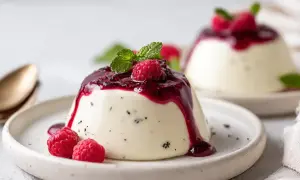 Krämig panna cotta med hallonsås och färska hallon. En perfekt dessert för alla tillfällen.