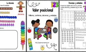Páginas educativas sobre valor posicional, con ejemplos de fichas de decenas y unidades, dibujos de objetos y ejercicios para contar.