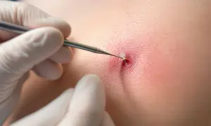 Gros plan sur une peau irritée où un fil résorbable semble causer une réaction, possiblement une allergie. Un instrument médical est utilisé.