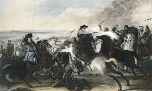 Karl XII leder sina ryttare i strid. Hästar och soldater kämpar i en kaotisk scen.