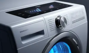 Nowa pralka Samsung z błędem 5c. Widok panelu sterowania i bębna z niebieskim podświetleniem.