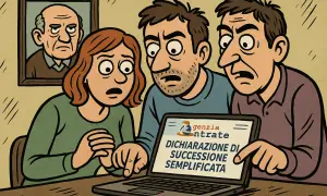 Tre persone guardano un laptop con "Dichiarazione di successione semplificata" scritto sullo schermo. Sembrano preoccupati, forse si chiedono se si può fare la successione da soli.