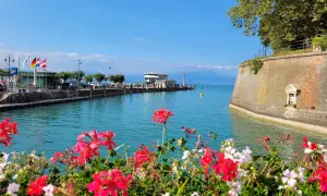 Fiori rossi e bianchi incorniciano il sirmione lungolago, con il molo, il battello e le montagne sullo sfondo.