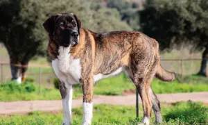 Ein stattlicher Rafeiro do Alentejo steht auf einer grünen Wiese, sein gestreiftes Fell leuchtet in der Sonne.
