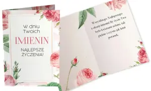 Otwarta kartka z różowymi różami i napisem "W dniu Twoich IMIENIN NAJLEPSZE ŻYCZENIA!".