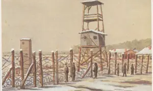 Camp d'internement en hiver. Une tour de garde domine. Ce lieu rappelle la liste des morts pour la France 39-45 par commune.