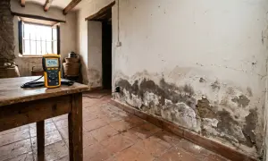 Medidor de humedad en mesa rústica, junto a pared con manchas de humedad y desconchones. Esencial para solucionar humedades.