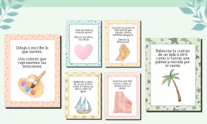 Conjunto de tarjetas de emociones para la calma, con ilustraciones de una paleta de pintor, un corazón, un puño, un velero, una tela y una palmera.