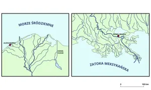 Dwa mapy: jedna pokazuje ujście Nilu do Morza Śródziemnego z Aleksandrią i Kanałem Sueskim, druga ujście Missisipi do Zatoki Meksykańskiej z Nowym Orleanem.