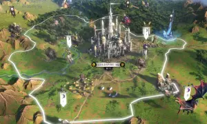 Mapa strategiczna z gry **Age of Wonders**. W centrum majestatyczny zamek Goldspire, otoczony zielonymi terenami, lasami i górami. Widać jednostki, flagi i punkty kontrolne.