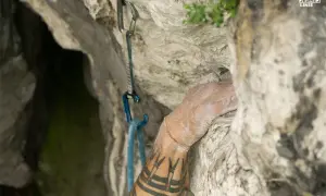 Dłoń wspinacza z tatuażem szuka chwytu na skale. Jura Krakowsko-Częstochowska wspinaczka to wyzwanie.