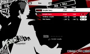 Menu ekwipunku w Persona 5 Royal. Gracz wybiera broń dla Ren, widoczne statystyki i przedmioty. Spolszczenie gry.
