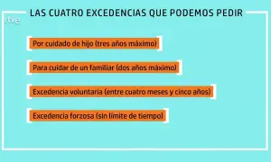 Las cuatro excedencias: cuidado de hijo, familiar, excedencia voluntaria (4 meses a 5 años) y forzosa.