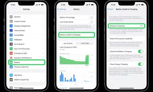 Jak sprawdzić kondycję baterii iPhone'a: Ustawienia > Bateria > Kondycja i ładowanie baterii. Maksymalna pojemność 91%.