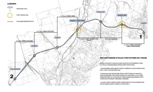 Mapa projektowanych ścieżek rowerowych w Rybniku z zaznaczonymi stacjami, terenami rekreacyjnymi i połączeniami.