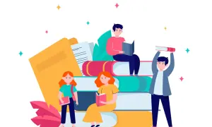 Jóvenes aprendiendo con libros apilados, fomentando la comprensión lectora online.