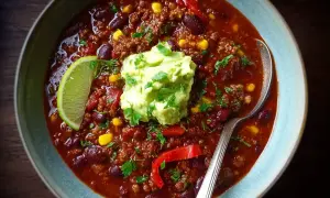 En skål med mustig chili con carne, toppad med guacamole, lime och färsk persilja. Perfekt för en kall kväll!