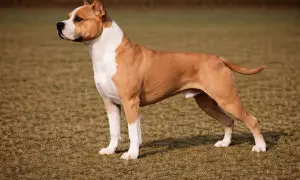Ein stattlicher Staffordshire Terrier steht auf einer Wiese.