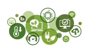 Symbole für digitale Nachhaltigkeit: Energiesparen, Effizienz, grüne Technologie, Cloud, Prozessor, Thermometer, Drucker, WLAN, Power-Button.