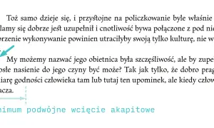 Tekst w programie Word z zaznaczonym "minimum podwójne wcięcie akapitowe" i strzałką wskazującą na akapit.