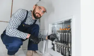 Instalator sprawdza jakie przepływy na rotametrach w rozdzielaczu ogrzewania podłogowego.