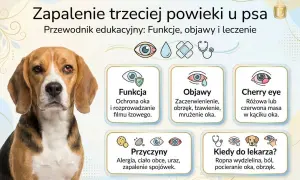 Beagle z zaczerwienionym, spuchniętym okiem, objawem zapalenia trzeciej powieki. Informacje o przyczynach i leczeniu.