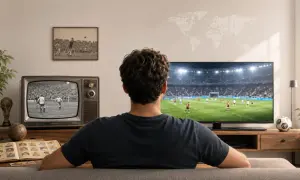 Mężczyzna ogląda mecz na nowoczesnym telewizorze, obok stoi stary telewizor z czarno-białym obrazem, symbolizującym historię mistrzostw świata w piłce nożnej.