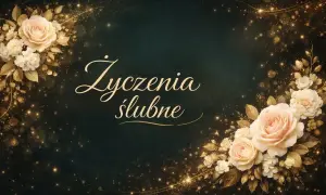 Eleganckie życzenia ślubne od chrzestnego, ozdobione kremowymi różami i złotymi detalami.