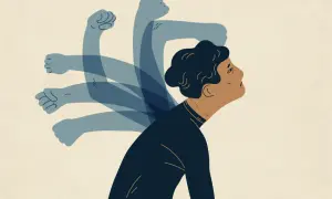 Un hombre con la cabeza echada hacia atrás, rodeado de puños fantasmales que simbolizan el diálogo interno negativo.