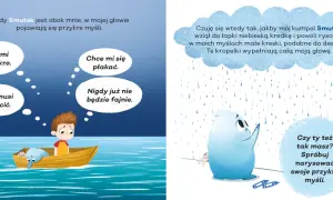 Chłopiec w łódce czuje smutek, jego myśli są jak deszcz. Postać Smutku rysuje niebieskie kreski, które wypełniają głowę.