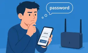 Zamyślony mężczyzna próbuje wykonać logowanie do routera przez telefon, wpisując hasło.