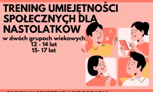 Trening umiejętności społecznych dla nastolatków. Ilustracje pokazują młodych ludzi w interakcji, uczących się komunikacji i współpracy.