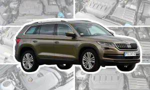 Nowa Skoda Kodiaq w kolorze brązowym, z widokiem na silnik w tle.
