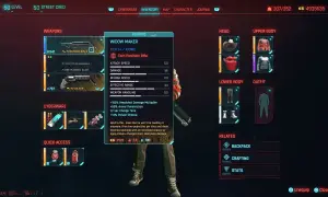 Interfejs gry Cyberpunk 2077: ekwipunek z bronią "Widow Maker", statystykami i opisem, zasady gry cyberpunk.