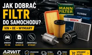 Dobór filtra oleju po VIN to klucz do idealnego dopasowania. Na zdjęciu różne filtry samochodowe marek Mann, Filtron, Bosch.