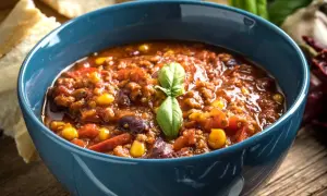 Miska z gęstym, aromatycznym chili con carne z fasolą, kukurydzą i mięsem mielonym, ozdobiona listkiem bazylii.